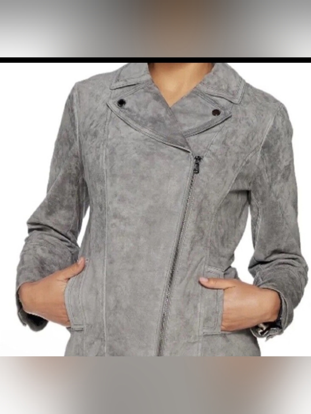 Isaac Mizrahi Live Gray Suede Leather Moto Biker Jacket Floral Lining Size 12